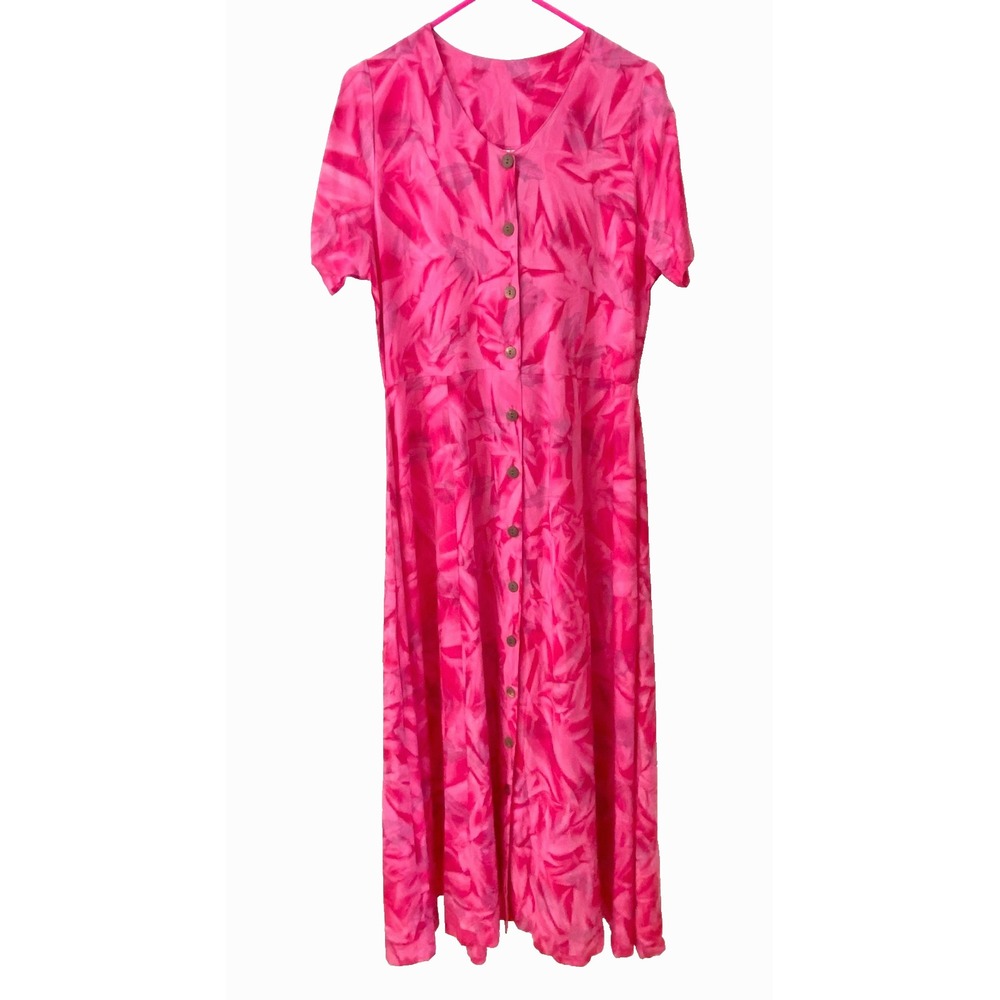 NEW Las Manos Maxi Dress Women's S Rayon Long Pink Shirtdress Back Tie Casual